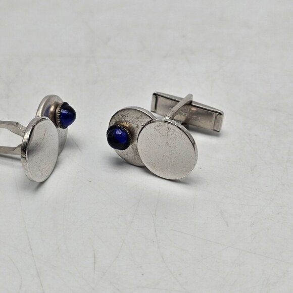 Vintage Silver Tone Cufflinks With Blue Glass Cabochon Mid Century - Picture 3 of 5